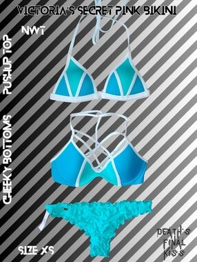 Victoria's Secret PINK Aqua Blue White Caged Pushup Ruffle Itsy Cheeky Bikini XS